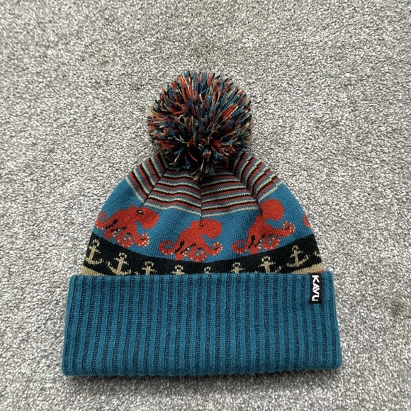 KAVU Hat Beanie Mens One Size Blue Red Pom Cuffed Knit Octopus Anchor Nautical - Picture 1 of 5